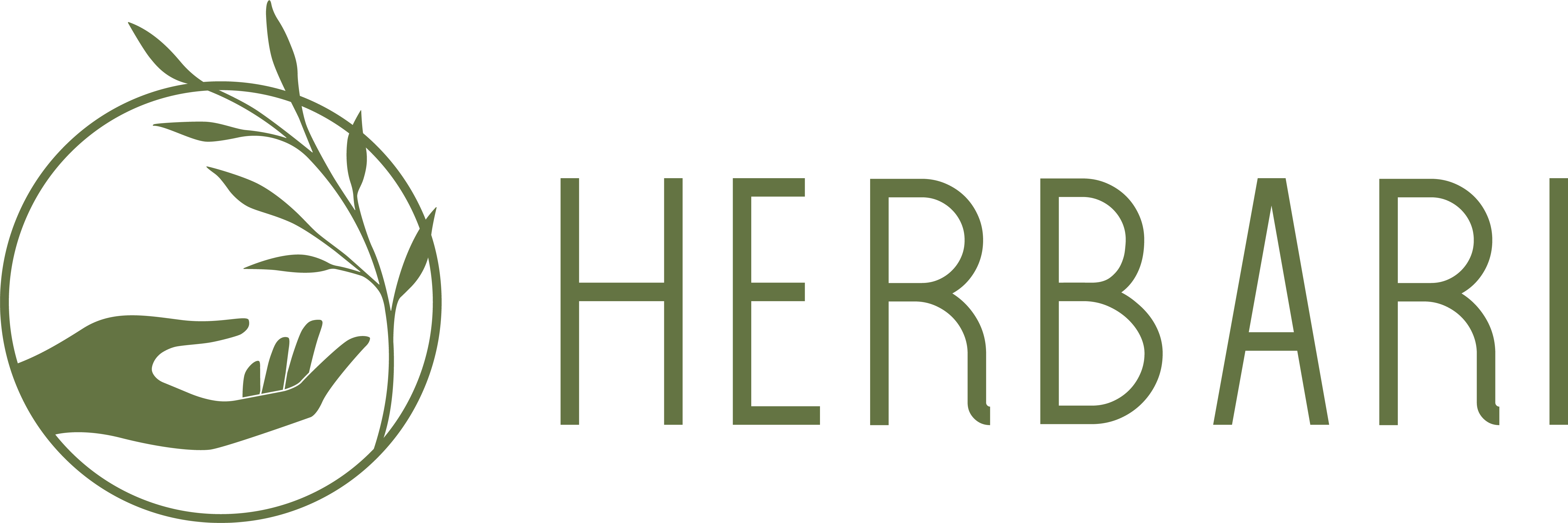 Logo Herbari, Kreis mit einer Hand und Pflanzenzweig